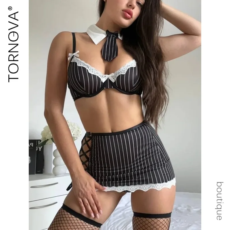 

Tornova Lace Hollow Out Sexy Underwear Bodycon Dress Set Skinny Bow Knot Backless High Waisted Women Interesting Underwear Set