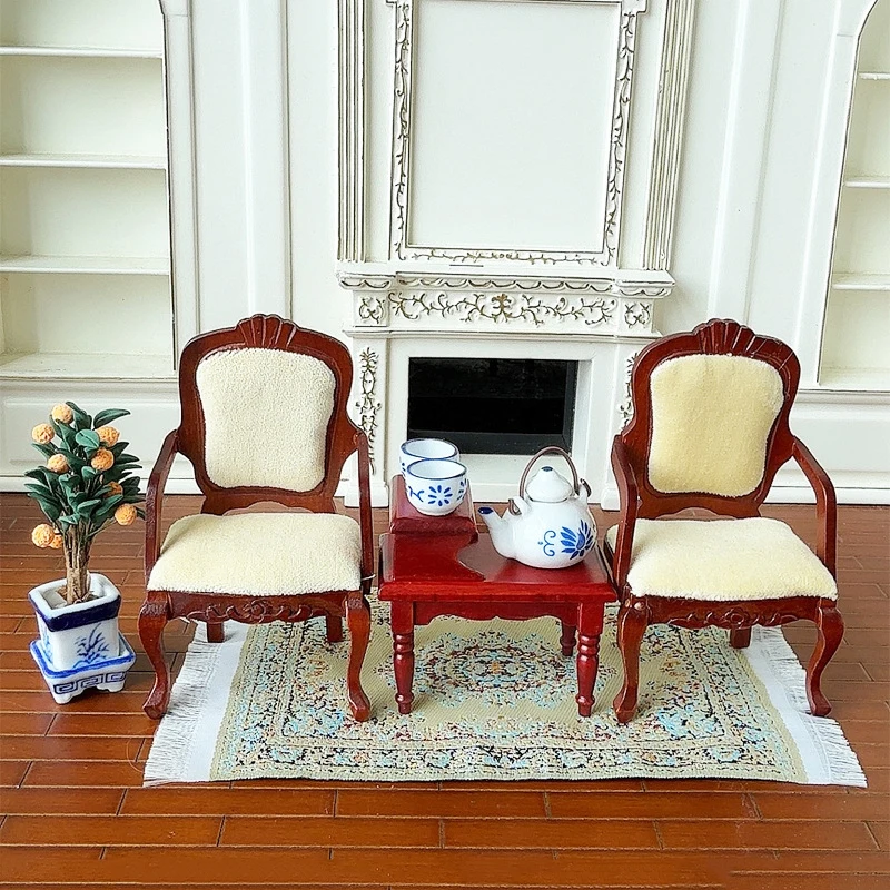 

1/12 Dollhouse Simulation Tea Table Chair Set Model Doll Home Living Room Furniture Chair Set Decor Doll House Decor Accessories