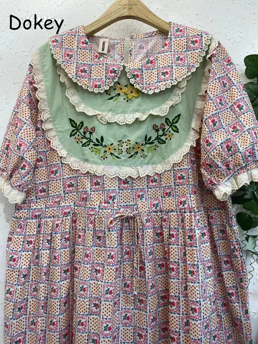 Women's Vintage Embroidery Green Plaid Cotton Linen Dress, Japanese Mori Girl, Peter Pan Collar Patchwork Kawaii Loose Vestidos