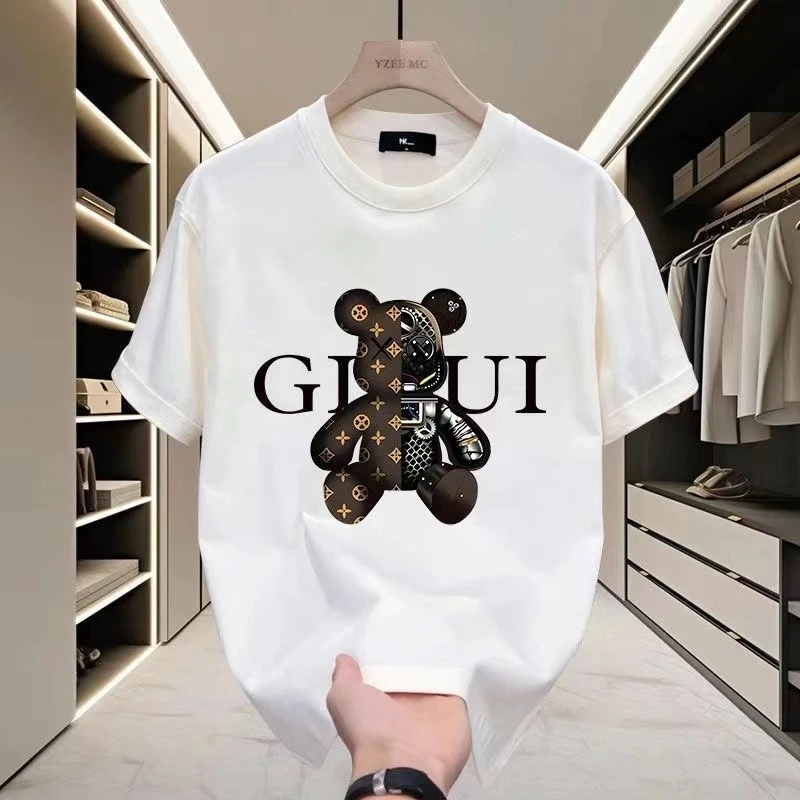 

Summer's popular bear print T-shirts for men, 100% pure cotton casual sportswear, outdoor loose sweat-absorbing T-shirts