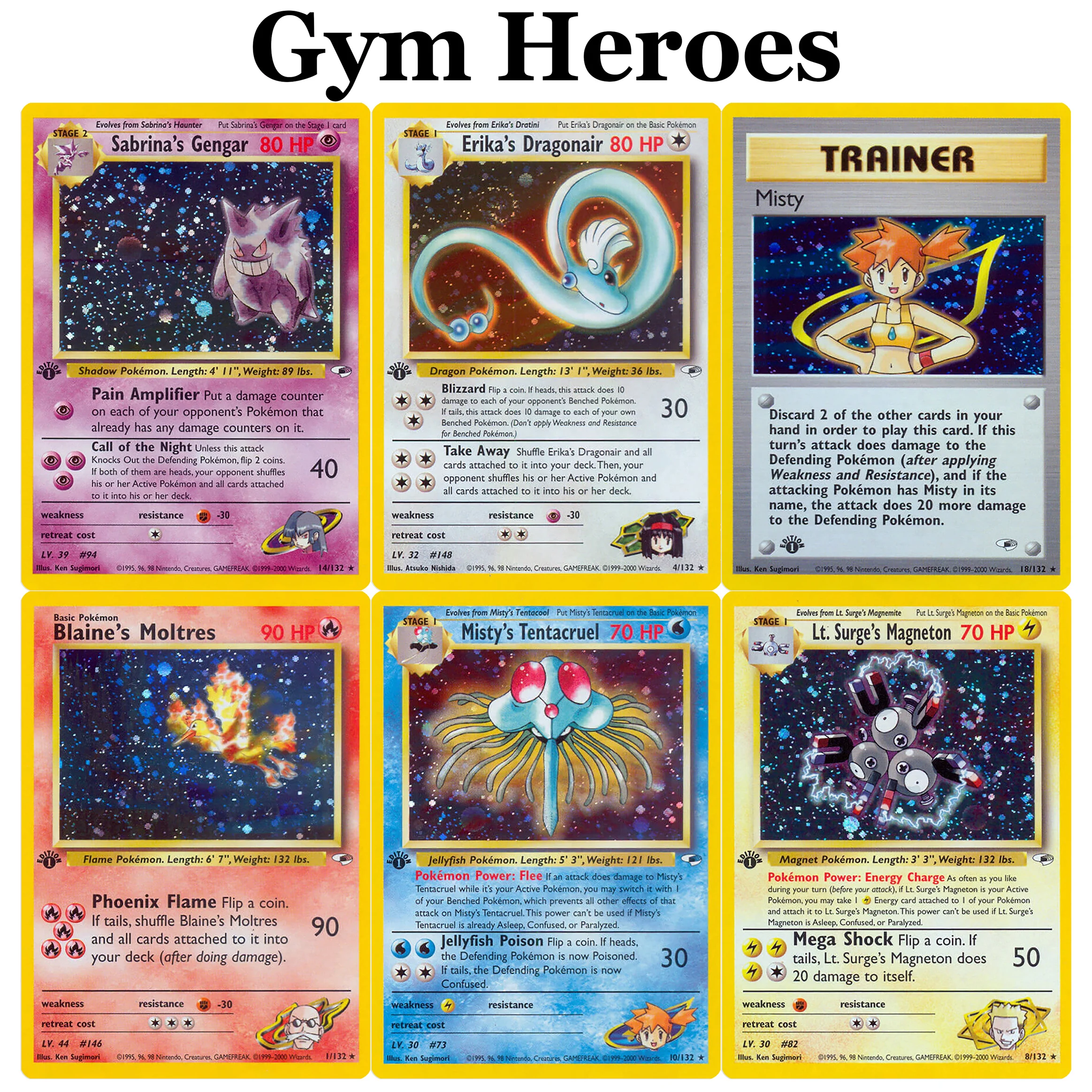 

PKM Classic GYM HEROS Набор фольги Карты Tentacruel Clefable Moltres Gengar Brock Misty TCG Game Proxy Card
