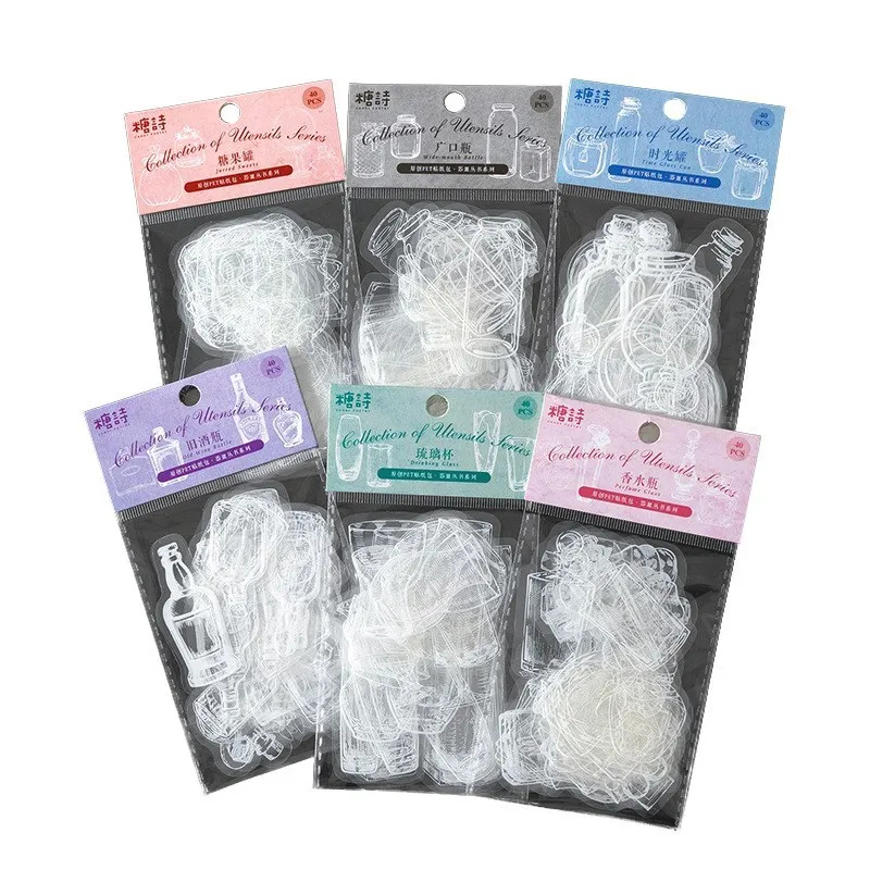 40 Pcs Transparent Glassware Bottle Shape Stickers Sticker PET Transparent Photo Frame Decals Stickers For Scrapbooking Planner