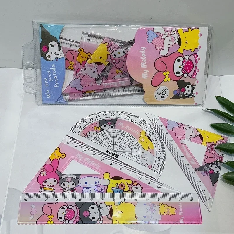 4PCs Set Hello Kitty Girl Ruler Set Stationery Cartoon Ruler Drawing Measurement Geometric Triangle Ruler School Supplies Gift