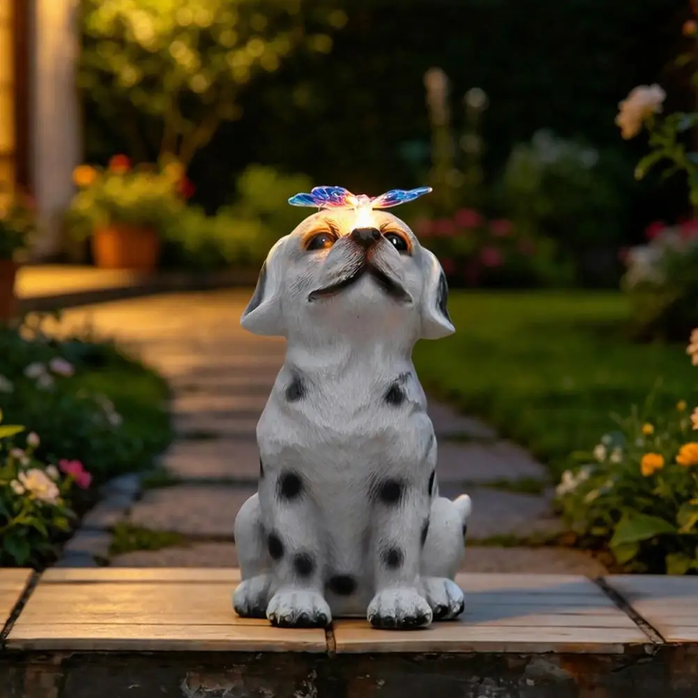 Solar Garden Lights Cute Solar Garden Statues Solar Puppy Statue Light Garden Spotted Dog Sculpture Outdoor Butterfly for Patio