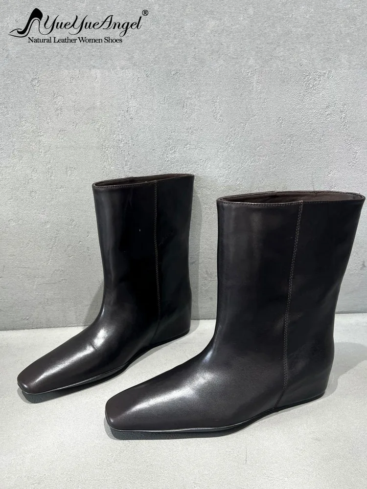 Women Genuine Leather Mid Calf Boots Vintage Square Toe Inner Height Increasing Fashion Shoes Office Ladies Elegant Short Boots
