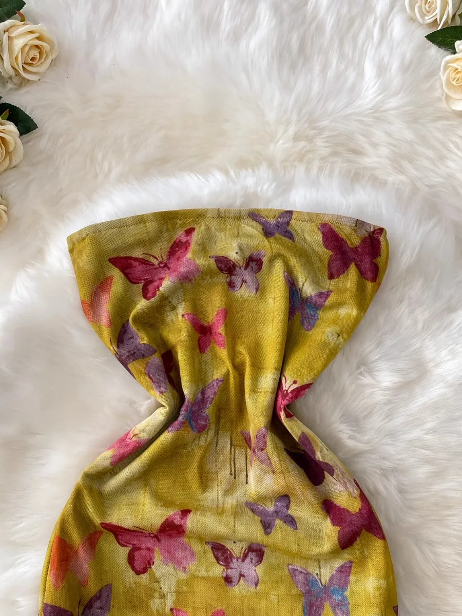 Foamlina Nowa Elegancka Sukienka Maxi Bez Ramiączek z Nadrukiem Motyli, Letnia Sukienka Syrenka z Siateczkowymi Wstawkami, Wyszczuplająca w Talii