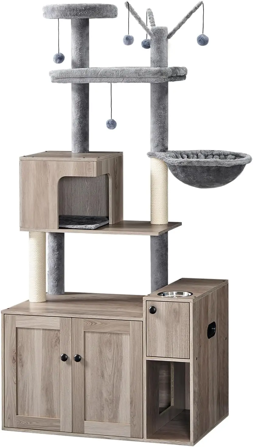 Indoor Cat Living, Greige, All-in-One Cat Tree with Litter Box Enclosure, Food Bowl, Storage, House, Hammock and Perch