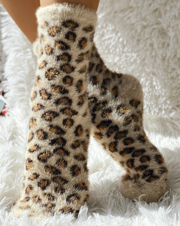 Leopard Print Fluffy Socks Winter Warm Fuzzy Cozy Slipper Socks