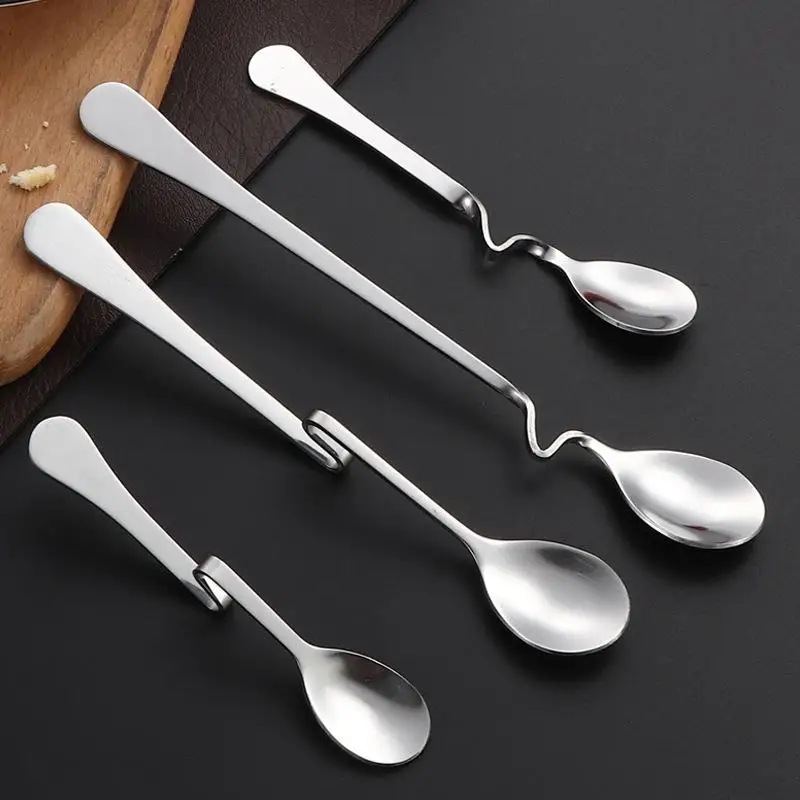 Stainless Steel S-Shaped Hanging Cup Spoon Restaurant Curved Handle Twisting Spoon Coffee Milk Dessert Tea Curved Mixing Spoons
