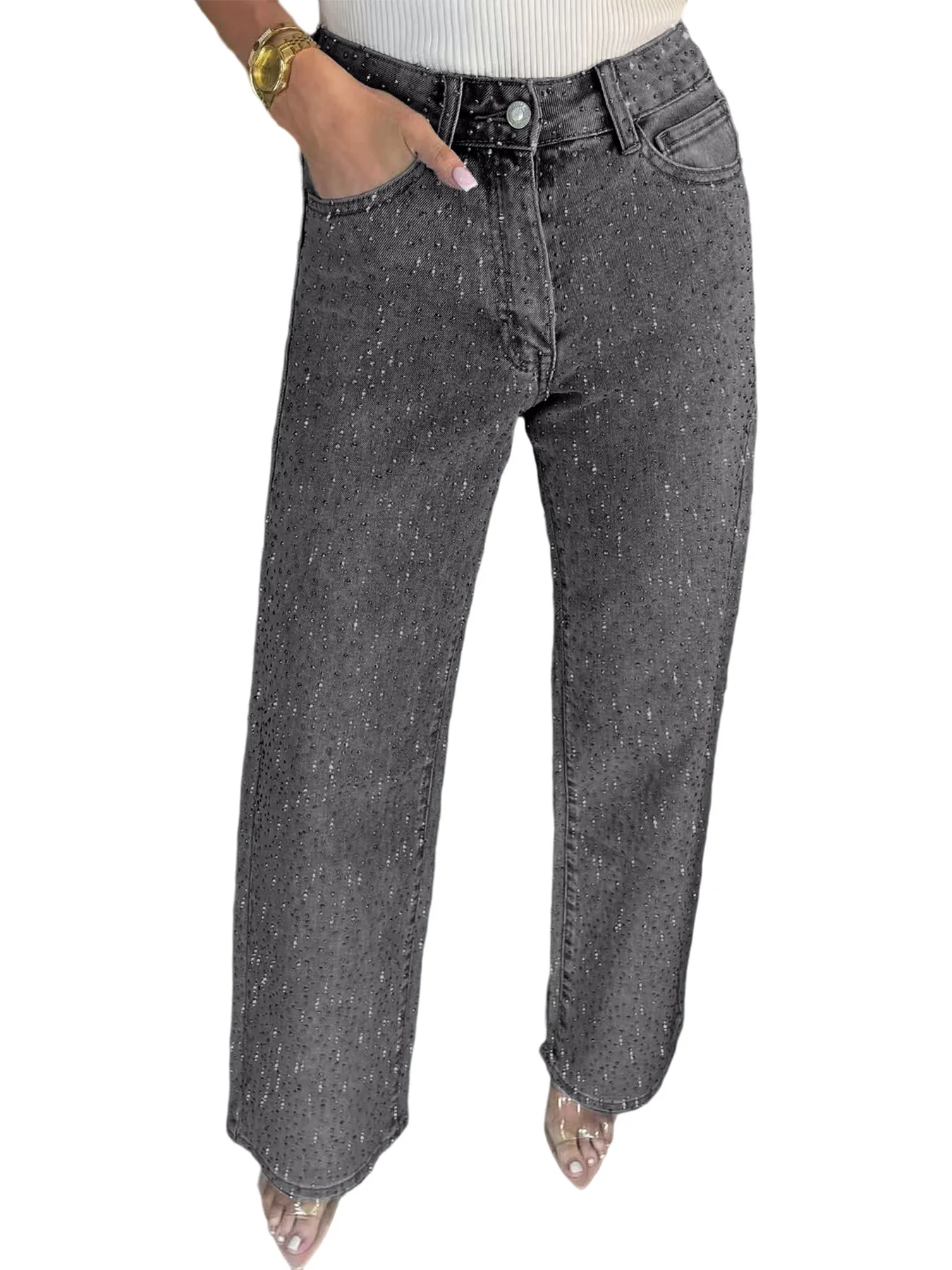 D8751 Export Women's Fashion European and American Style Full Diamond Washed Denim Pants High-Waisted Straight Leg Pants for Gir