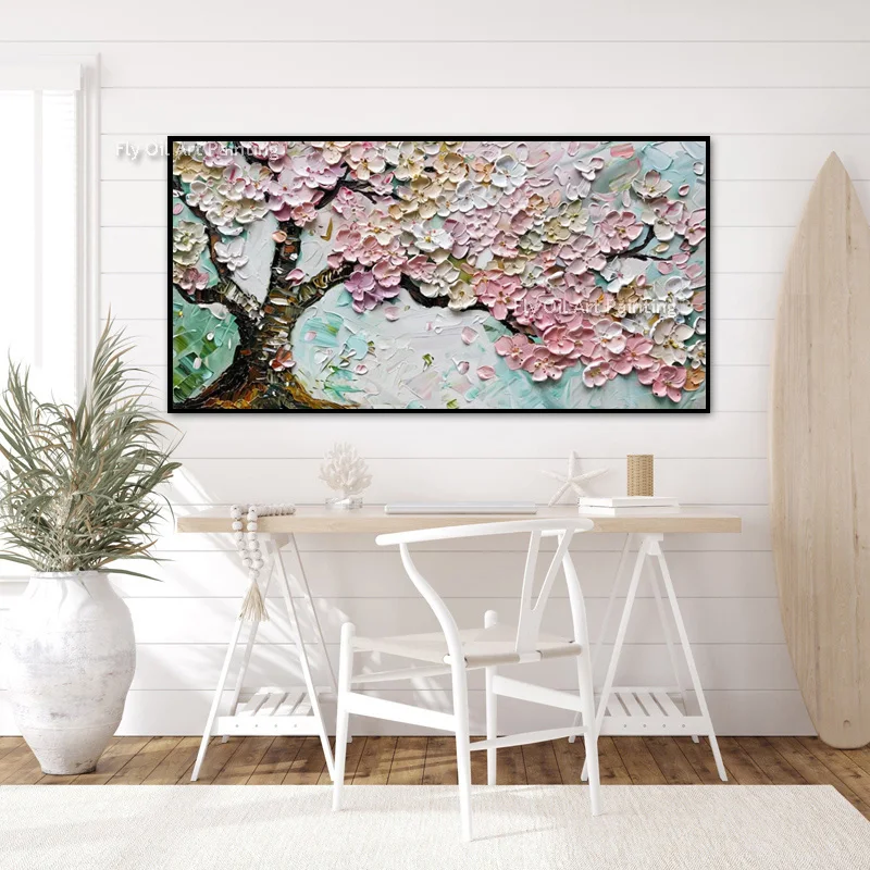 Original Style White Pink Knife Thick Florals Oil Painting Hand Drawn Brown Green Artwork Flowers Tree Landscape Home Wall Art