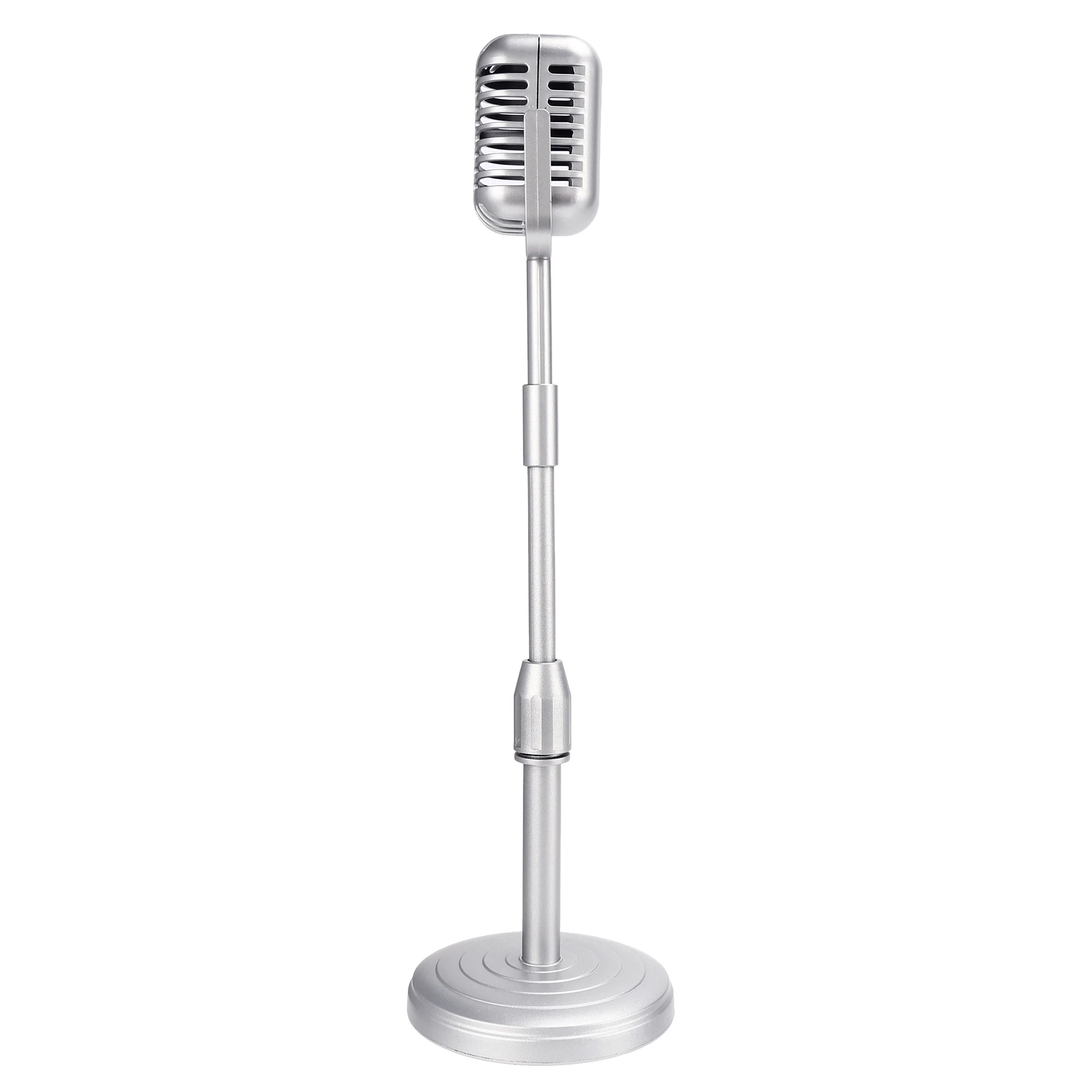 Vintage Desktop Microphone Prop Model with Adjustable Height, Classic Retro Style Microphone Stand Fake Mic Prop,Silver