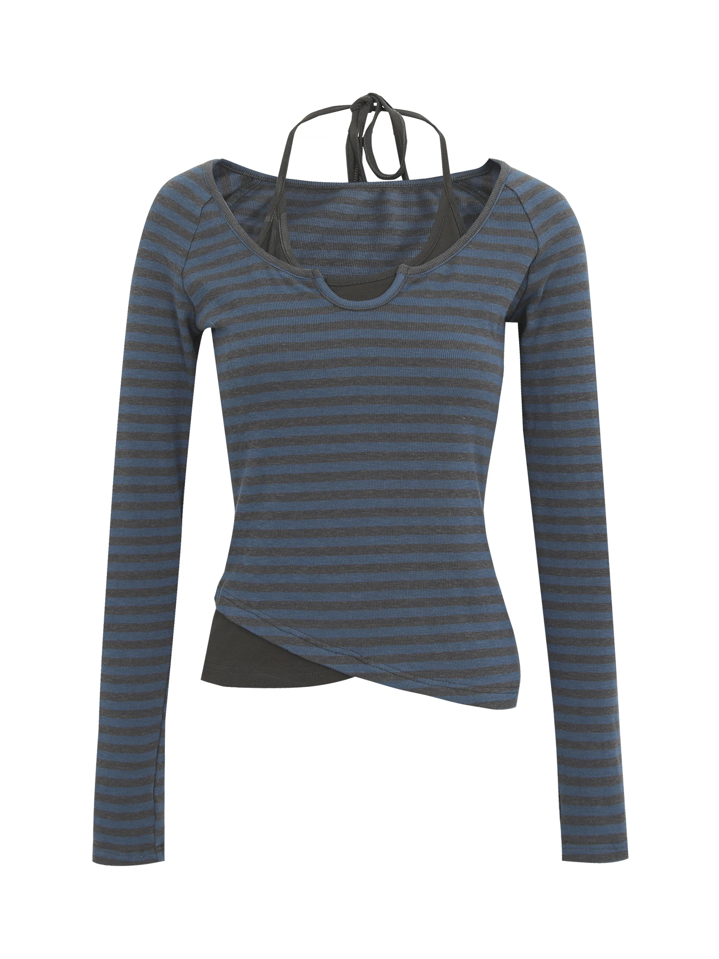 Red Celebri Long Sve Base irt Women Early Autumn Super Beautiful Single Wear 2025 New T-irt Striped Fake Two-Piece T...