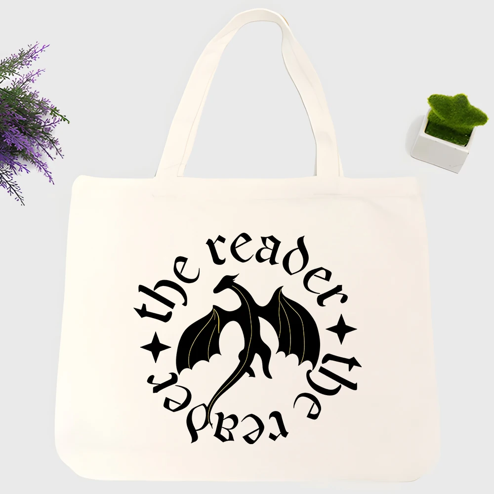 Men's fantasy dragon graphic canvas tote bag with letter print, perfect for daily shopping and casual outings