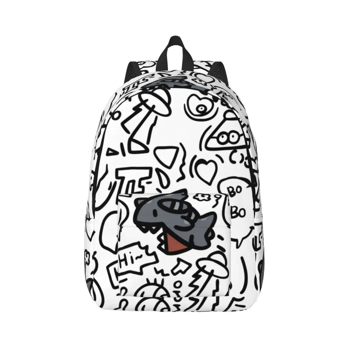 Gothic School Backpack Allover Dinosaur Doodle Whimsical Illustration White Black Gray Streetwear Bookbag for Teens College Cute
