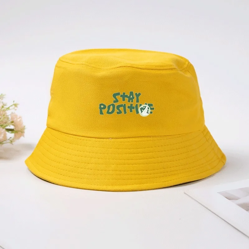 Stay Positive Print Bucket Hat Cotton Fisherman Cap Inspirational Slogan Sun Hat Outdoor Beach Cap for Men Women Breathable