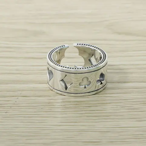 

S925 Sterling Silver Fashion Jewelry European and American Vintage Playing Card Block Same Flower Shun Creative Ring Personalize