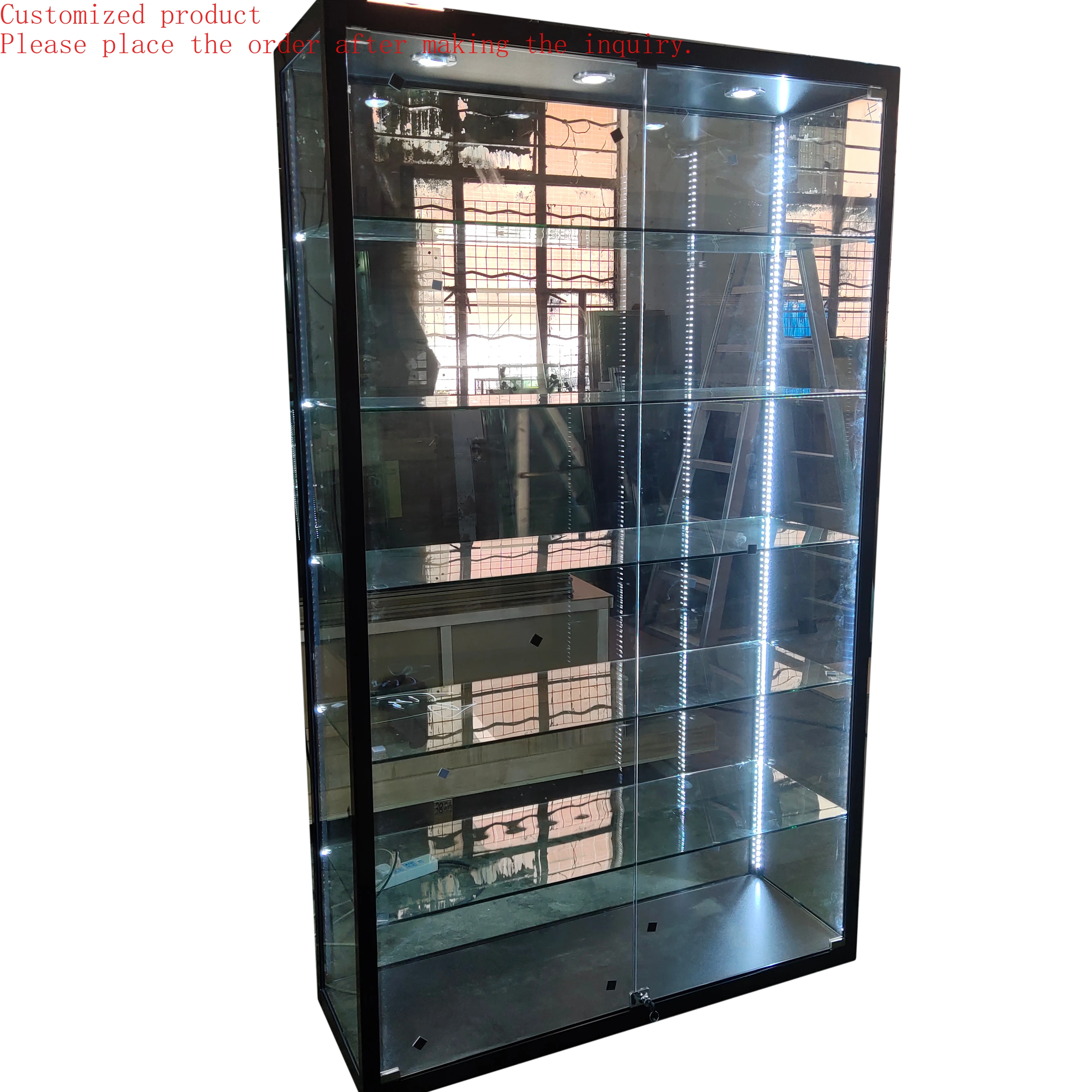 

Custom.Opening Door Glass Mirror Display Showcase Full Vision Display Cabinet With LED Light for Retail Store or Shop