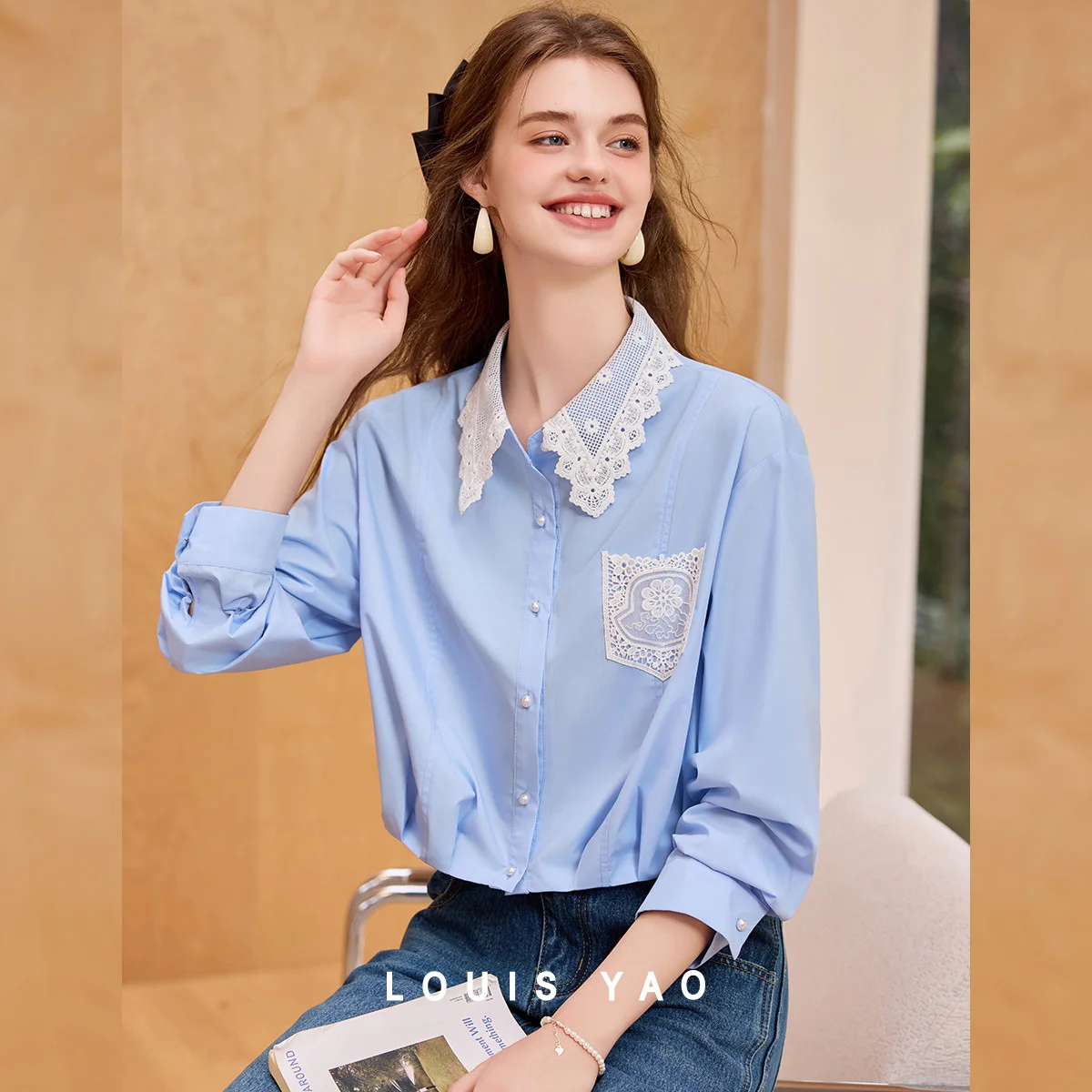 

LOUIS YAO Commuter Women's Blouses 2025 Collar Pocket Lace Splicing Shirt Autumn Elegant Down Shoulder Sleeve Long Sleeve Shirt