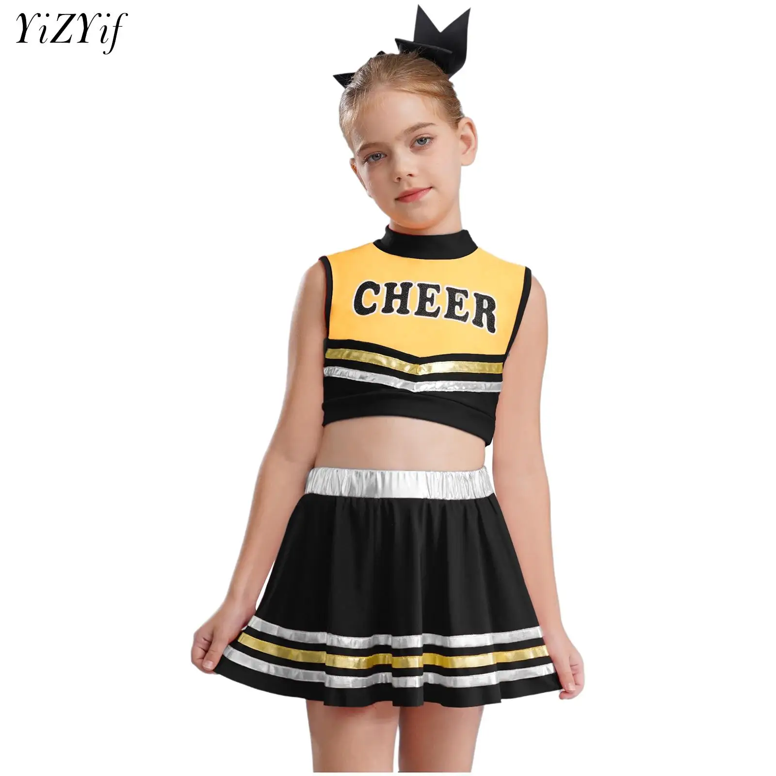 

Girls Halloween Cheerleader Uniform Schoolgirl Cheerleading Performance Costume Letters Printed Cheer Dance Crop Top with Shorts