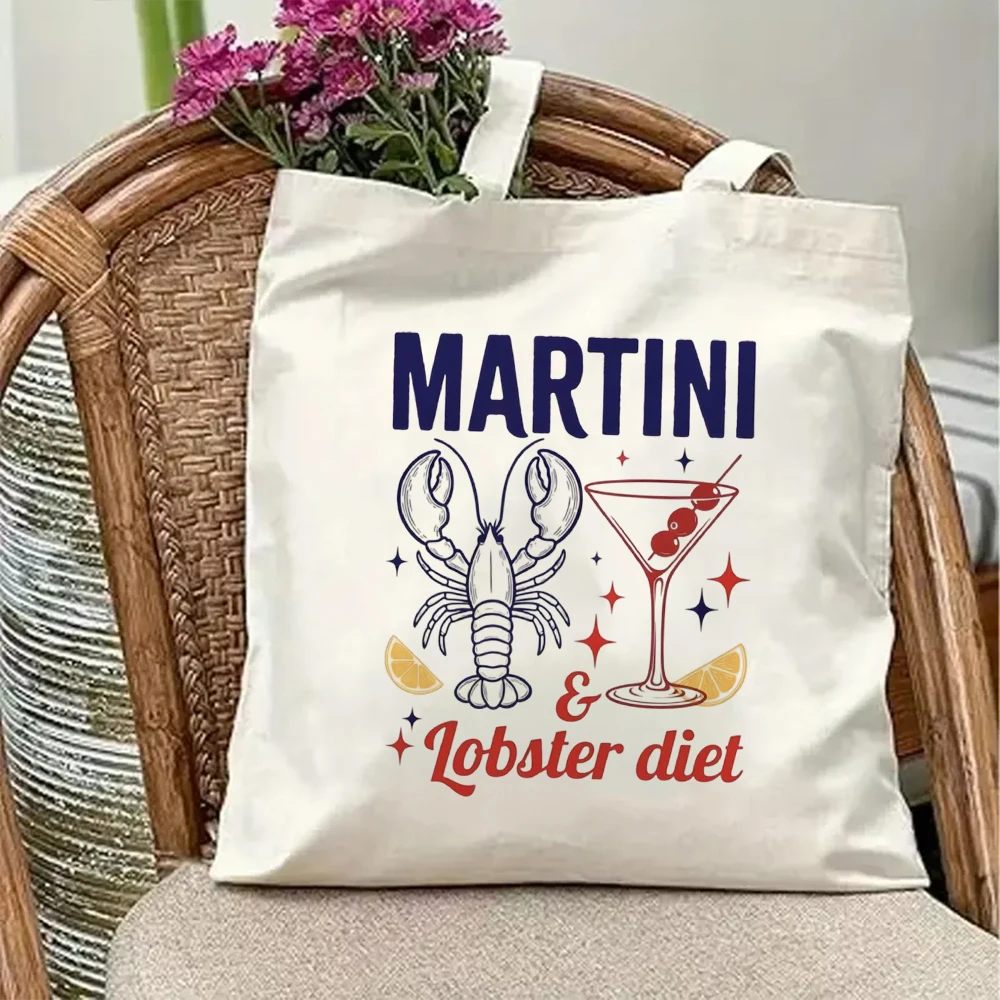 

Martini And Lobster Diet Canvas Tote Bag Funny Cocktail Seafood Print Aesthetic Shoulder Purse Reusable Grocery Beach Bag