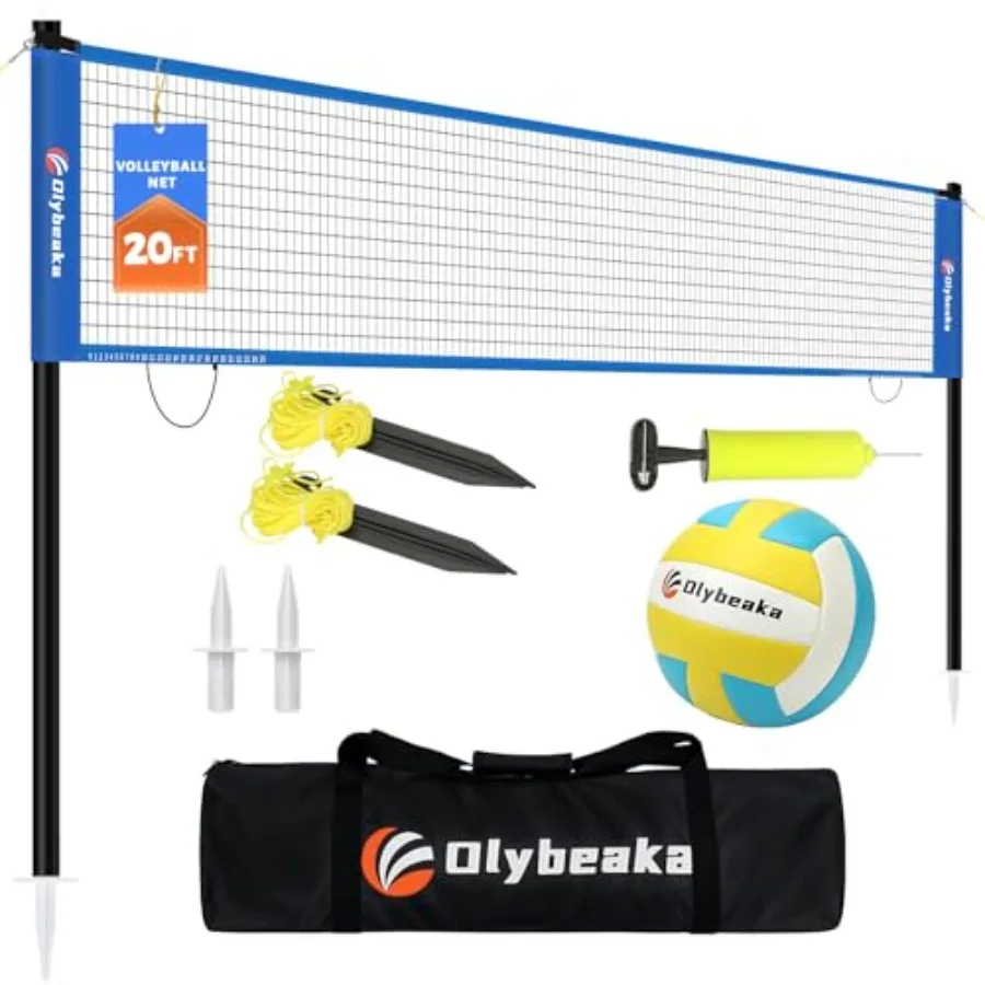 

20FT Outdoor Volleyball Net Set System for Backyard Beach: Polyester Anti-Sagging Net Black Iron Adjustable Height Poles Soft P
