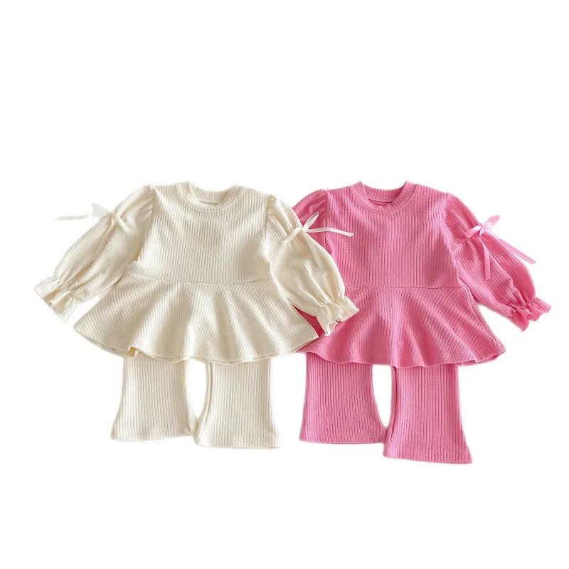 

Autumn Girls' Set Sweet Children's Bow Round Neck Long Sleeve Top Baby Girls Stretch Slimming Bellbottom Pants Two Piece Outfit