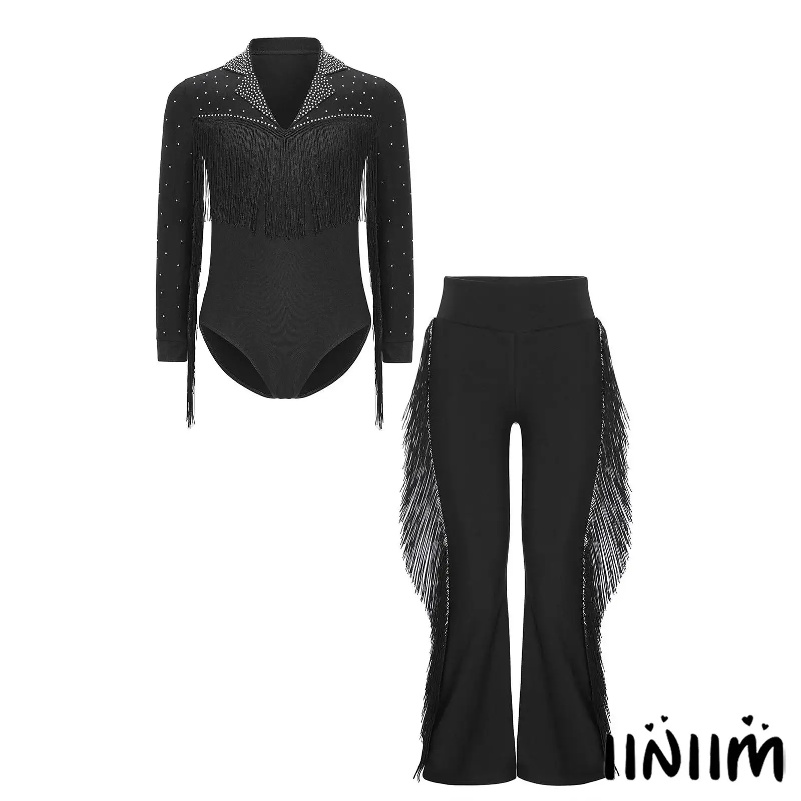 

Boys Tango Latin Dance Outfit Modern Ballroom Dancewear Long Sleeve Shiny Rhinestones Tassel Leotard with Bell-Bottom Pants