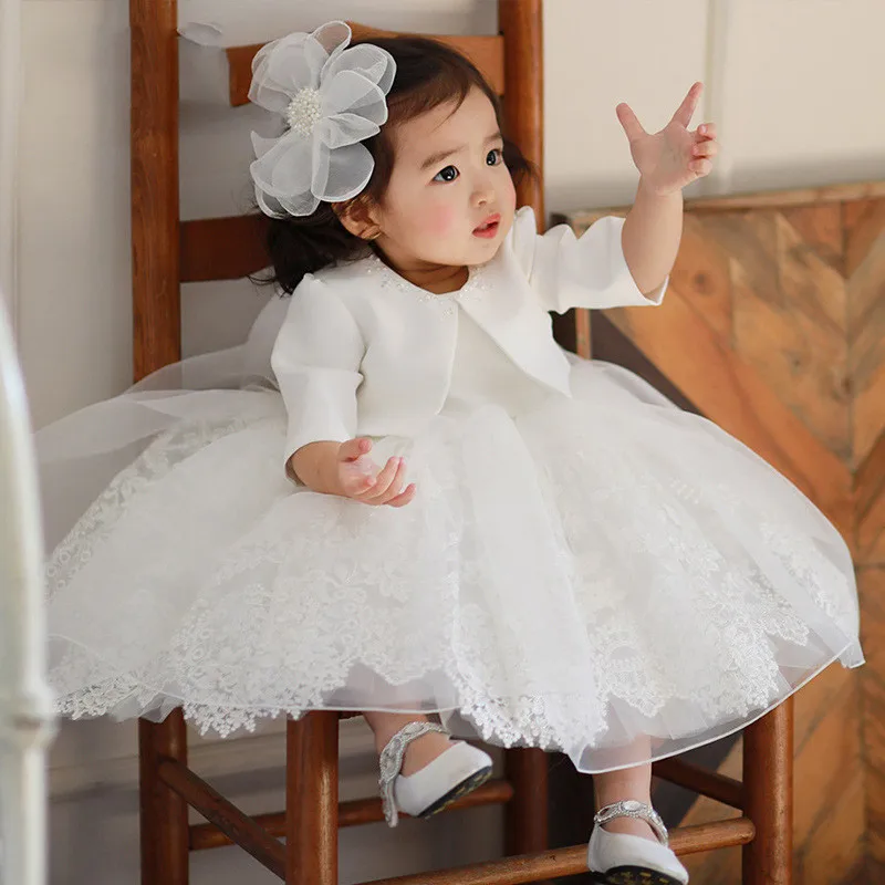 

Girls Party Dresses Wedding Party Puffy Lace 1st Birthday Party Baby Girl Dress Long Sleeve Baby Baptism Dress Christening Gowns