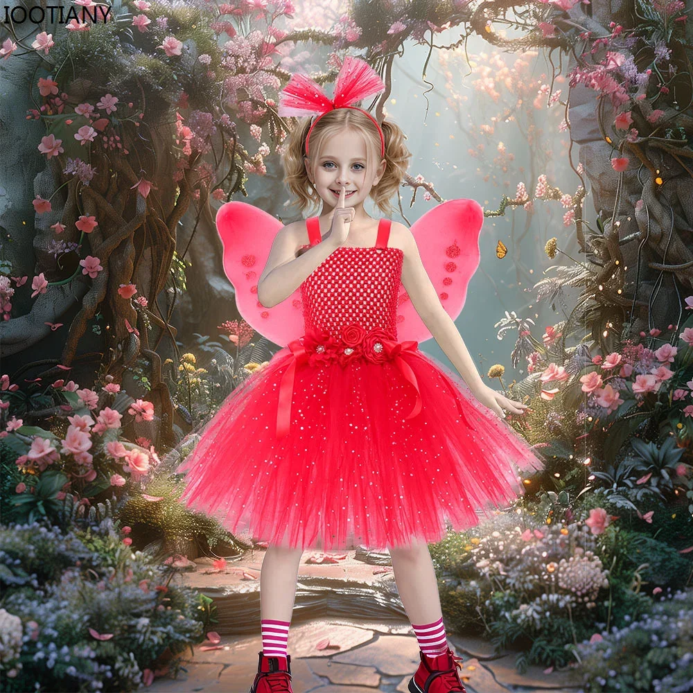 

CosplayButterfly Fairy Girls Sparkly Red Tutu Dress Holiday Birthday Party Girls Performance Clothing Carnival Dance Catwalk Dre