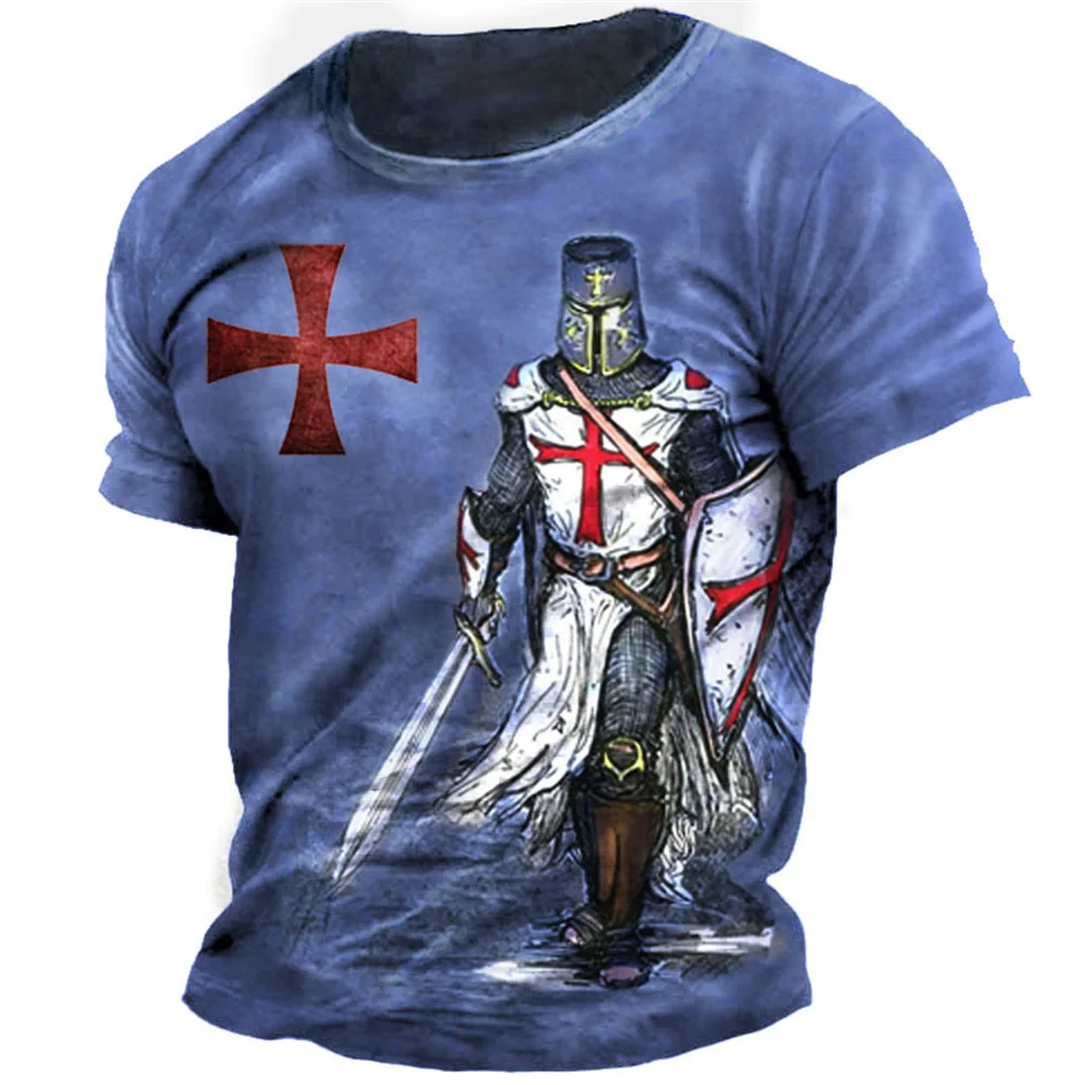 Retro Knights Templar Print Men's T-shirts Summer Loose Polyester Short Sleeve Male Tops Crusader Soldier Clothing Apparel 3XL