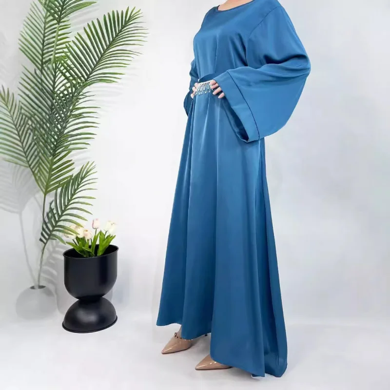 라인스톤 벨트 여성용 새틴 드레스 우아하고 고귀한 중동 말레이 로브 아바야 플러스 사이즈