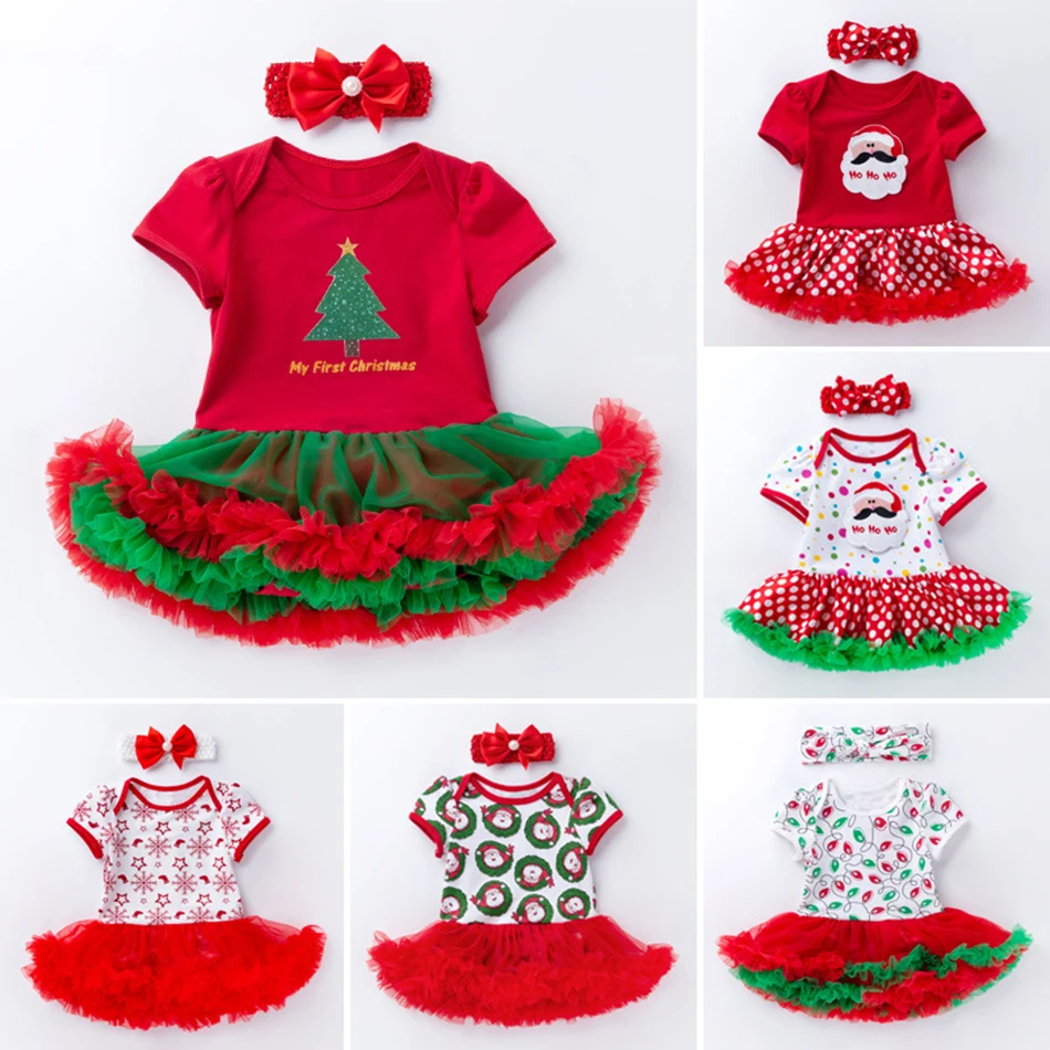 

New Newborn Baby Ruffles Polka Dot Snowman Santa Costume Bowknot Jumpsuits Headband Xmas Outfit Christmas Rompers Dress For Girl