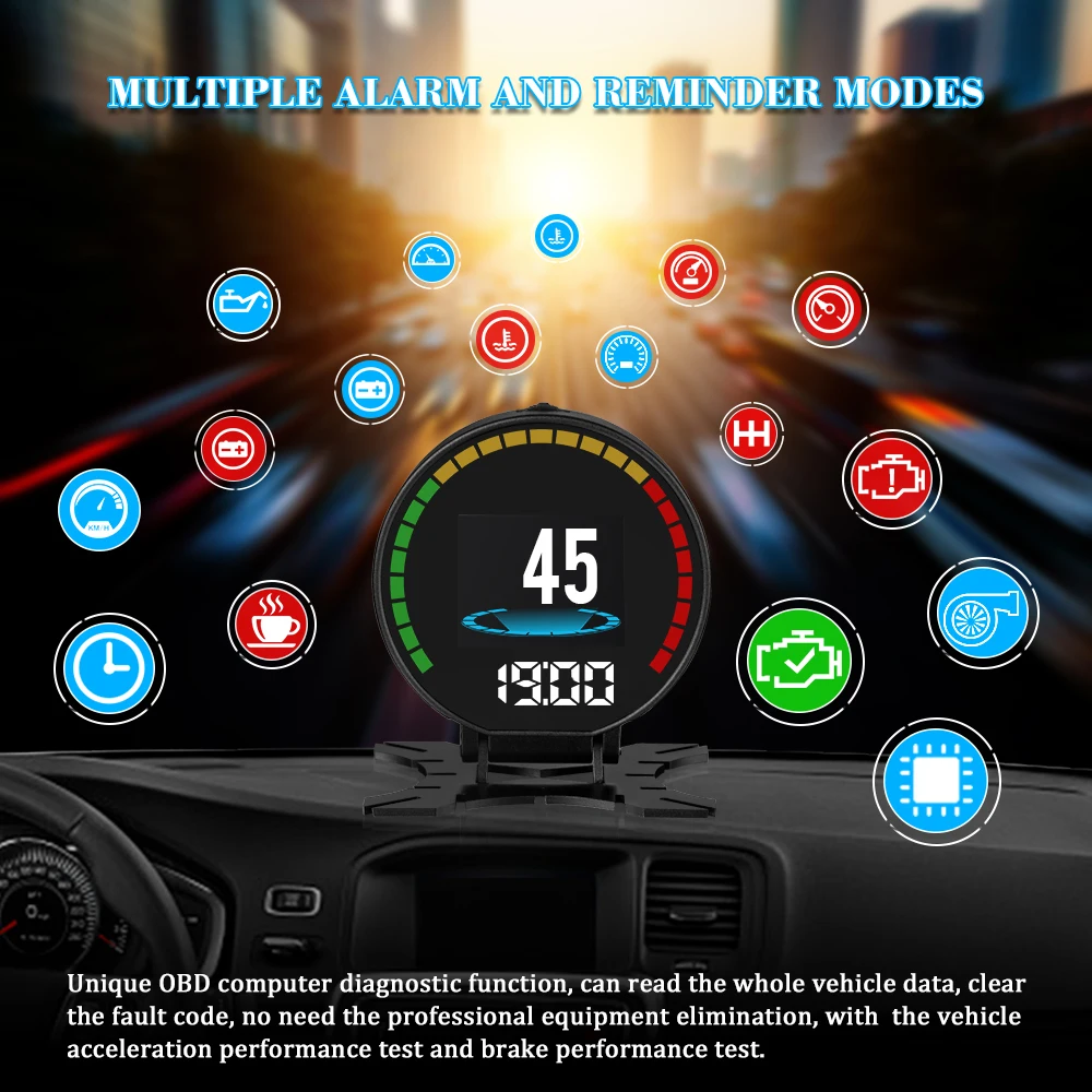 HD P15 Car OBD2 HUD Head-Up Display Speedometer Overspeed Warning Digital Air Fuel Ratio Turbine Pressure Oil Water Temp Gauge