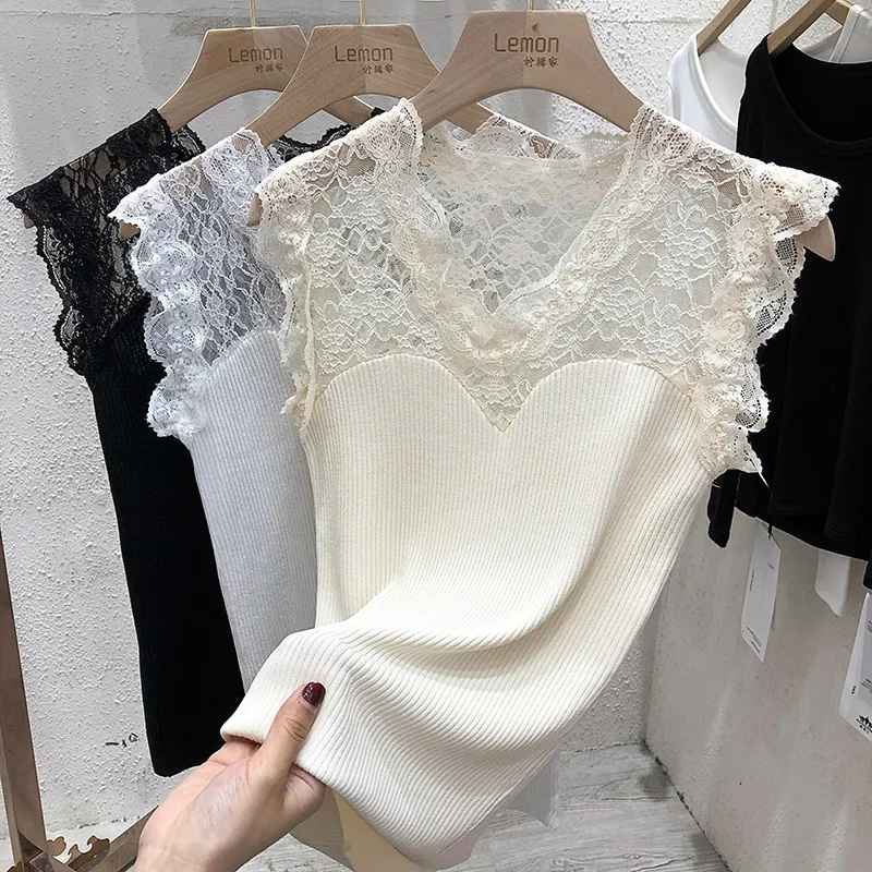 Summer Women's Lace Splice Knitted Sleeveless Base Shirt Slim Fit Versatile Indoor Outdoor Wear Sweet Style Hollow out Polyes...