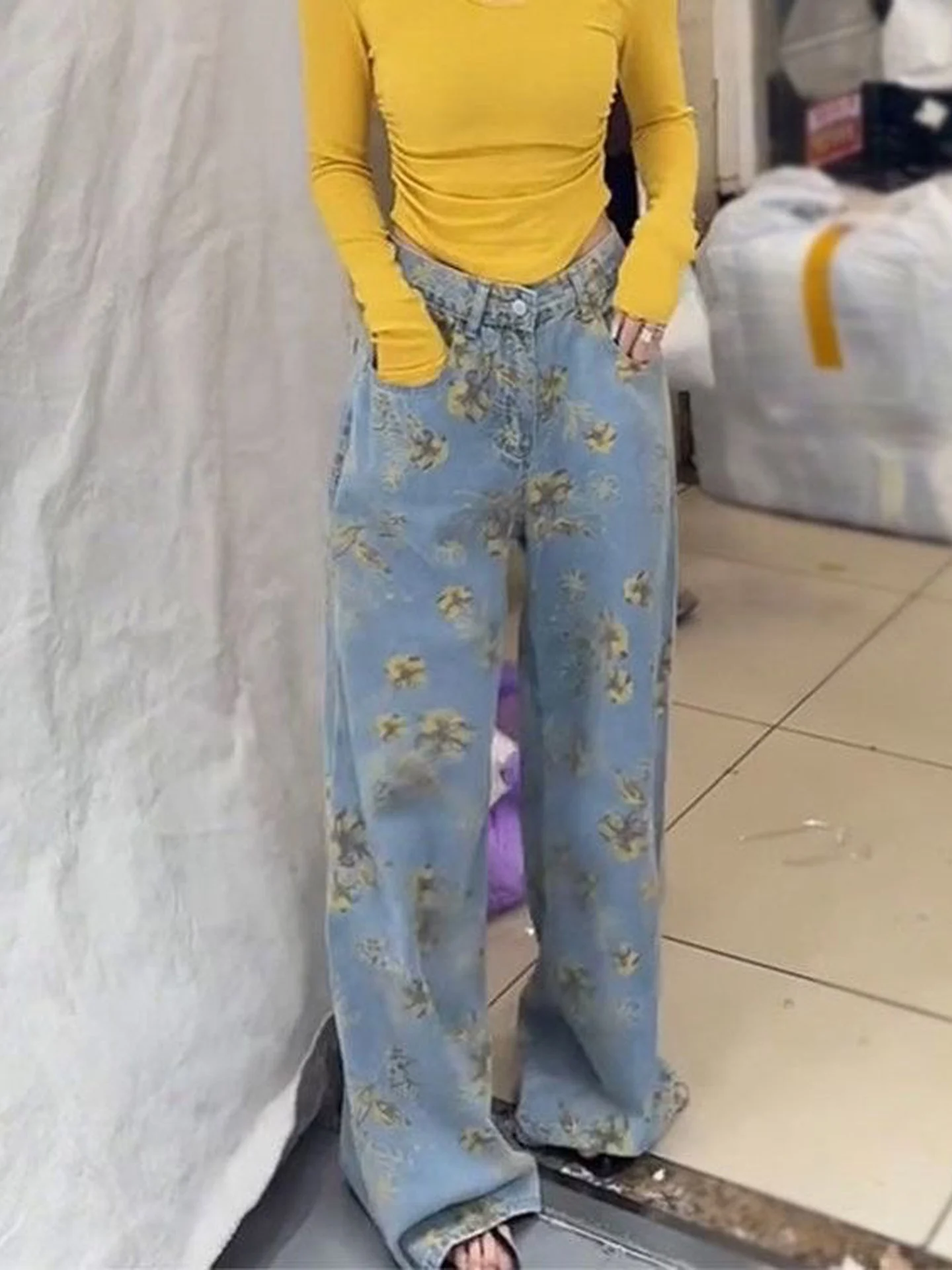 Tall Women's High Waist Wide Leg Jeans Floral Print Denim Floor Length Fashionable Retro Slimming Versatile Casual Trousers