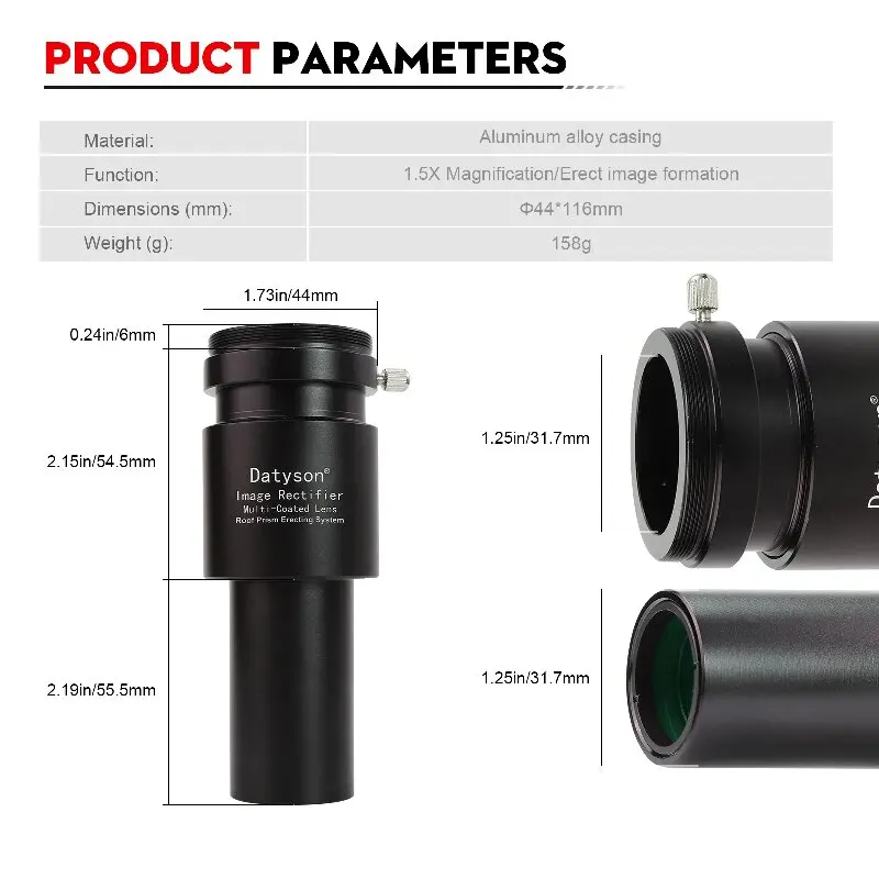 Datyson Full Metal Image Rectifier Built in 1.5X Barlow Multi Coated Roof Prism For 1.25 Inch Newtonian Telescope Eyepiece view 3