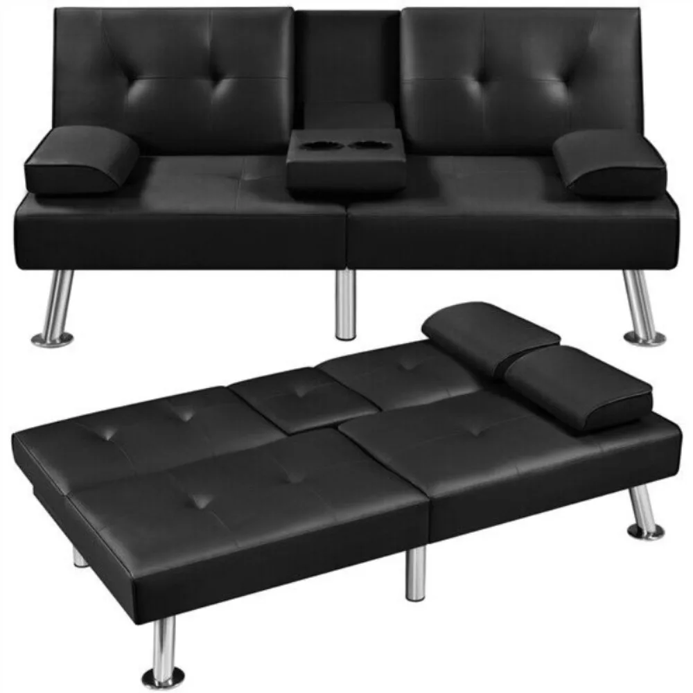 

Leather Sofa Bed Convertible Futon Sofa with 2 Throw for Living Room Faux Leather Upholstered Loveseat w/Removable Armrests,