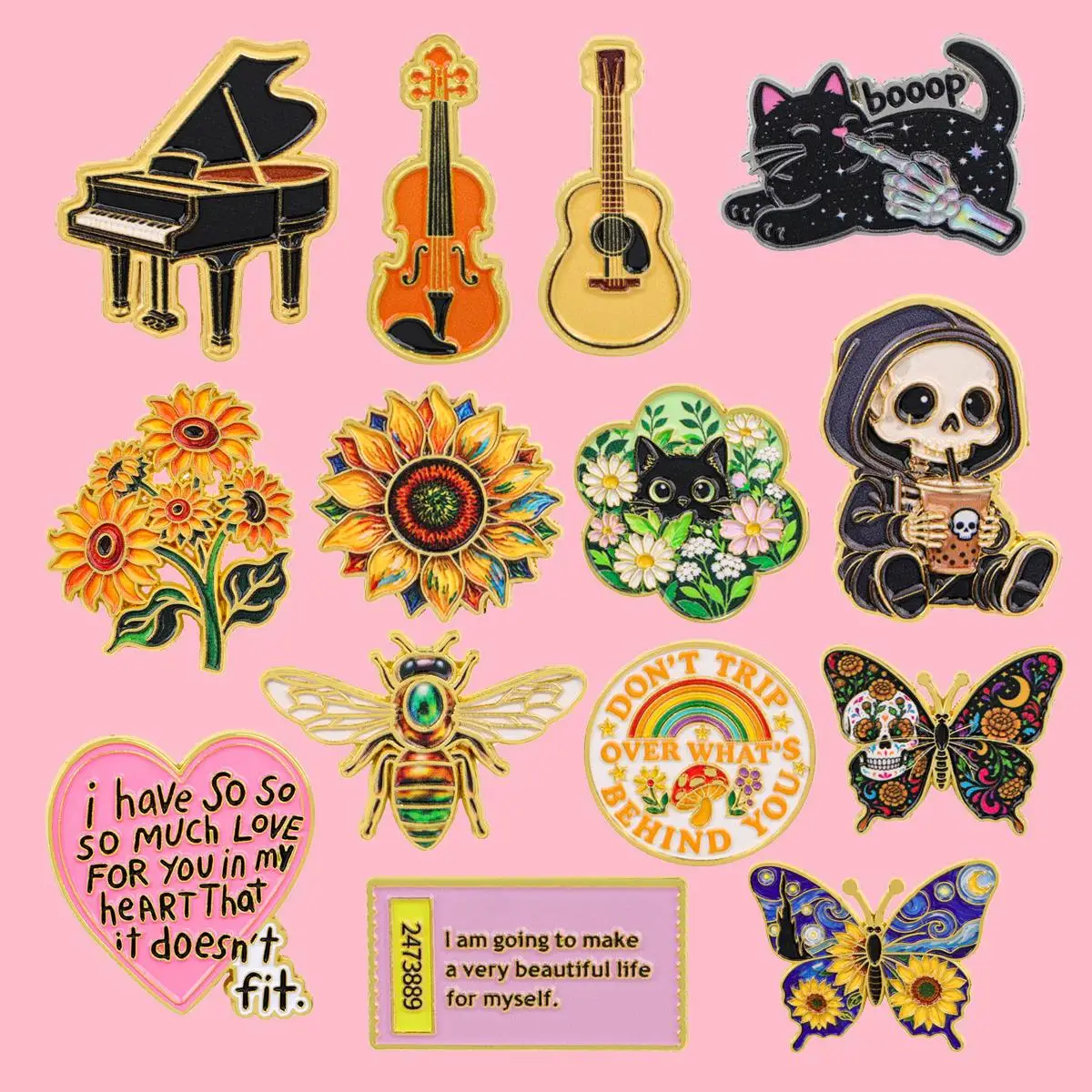 Sunflower Skull Metal Enamel Pins Set Positive Quote Brooches Badge on Backpack Clothing Accessories Jewelry Gift for Friends