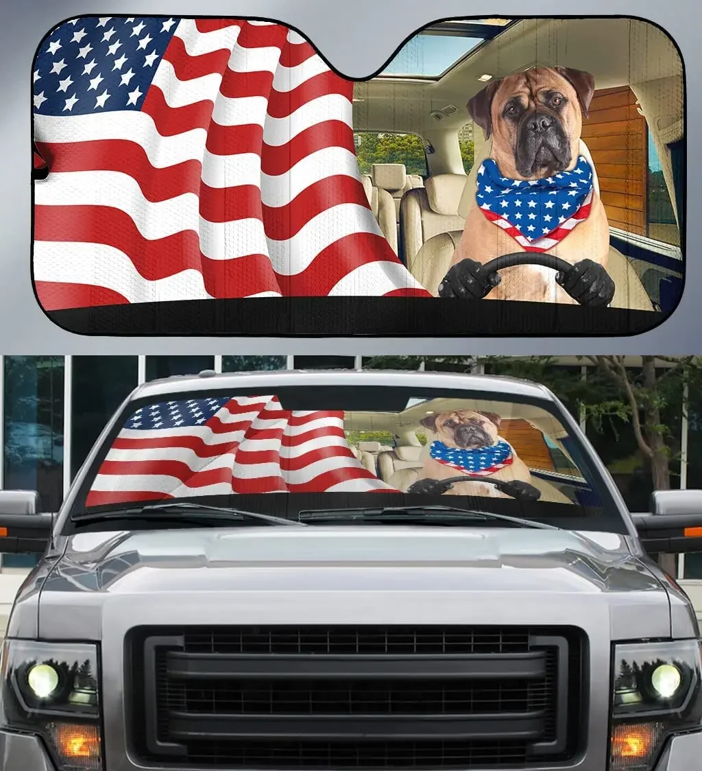 Bullmastiff Dog Driving Left Hand with America Flag Car Sunshade Auto Sun Shade, Windshield Visor for UV Sun Block,