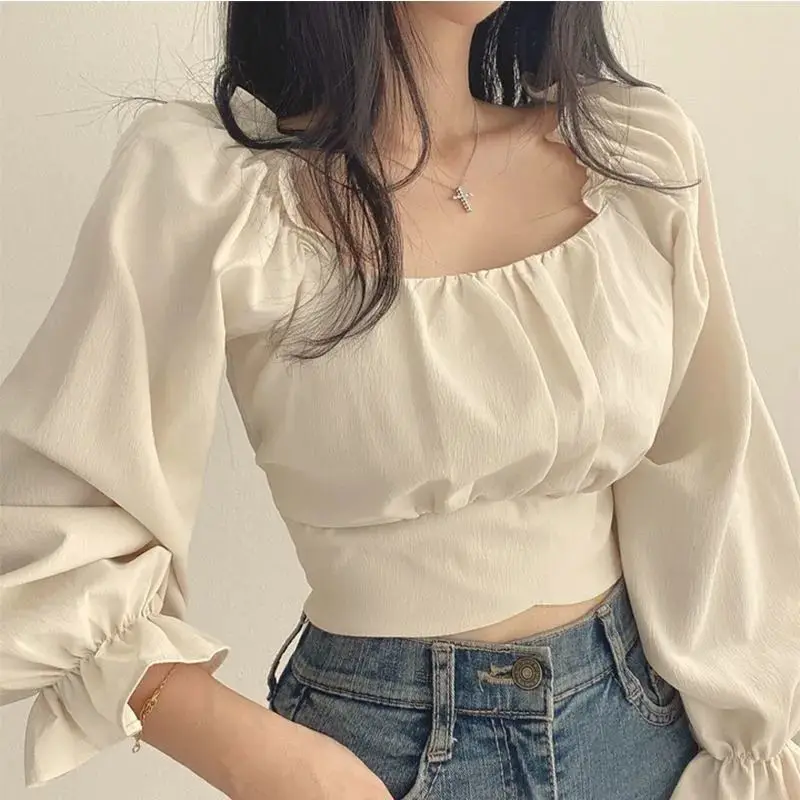 Spring New Style Bubble Sleeve Square Neck Shirt Women French Bow Long Sleeved White Shirt Cool Style Top