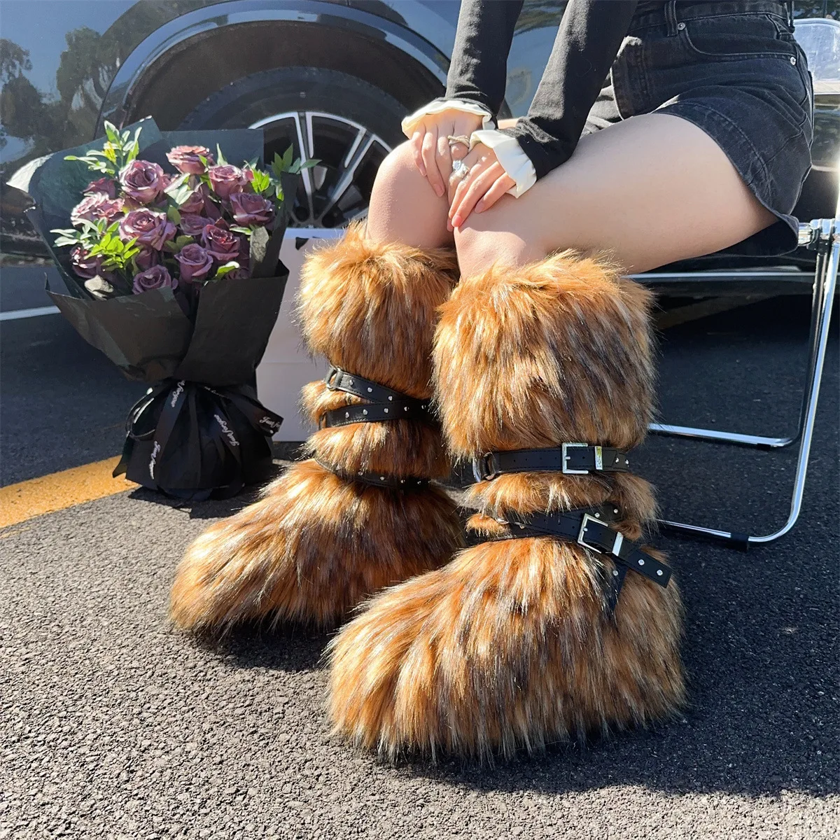 

Winter Women Snow Boots Faux Fur Long Boots Warm Plush Platform Knee-high Boot Outdoor Furry Cute Over-the-knee Boots Girls Y2K