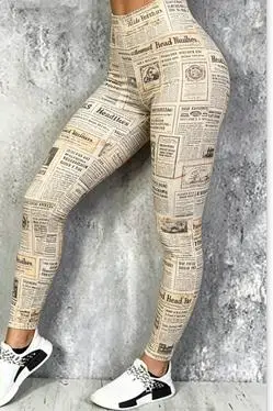 Women Mid‑Waist Fleece Lined Leggings, Vintage Old Newspaper Texture Print, Slim Warm Retro Street Casual Daily Pants