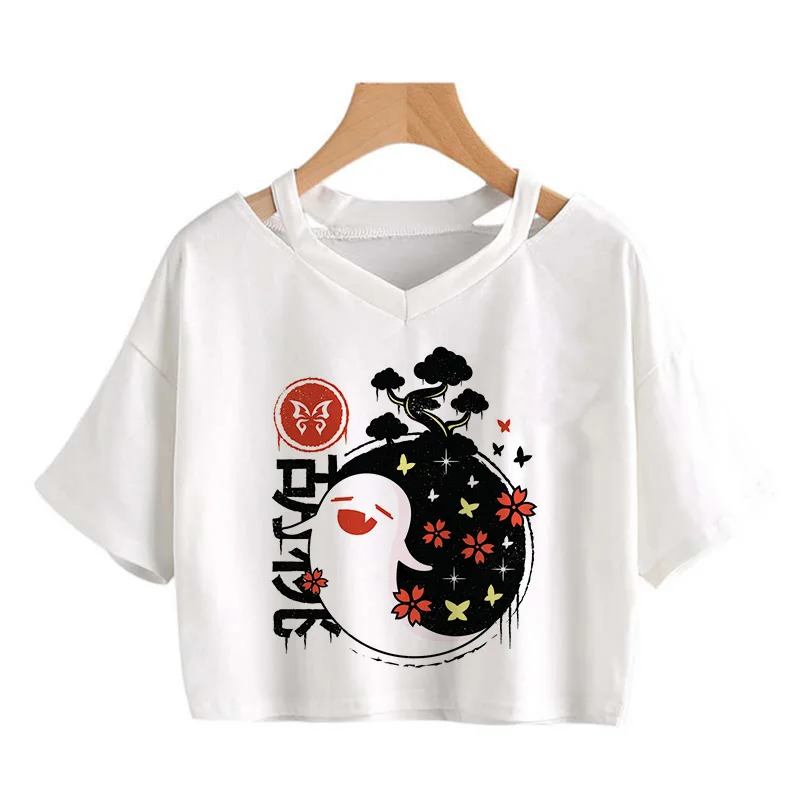 Crop Top Kawaii Genshin Impact T Shirt Women Graphic Tees Kawaii Tops Harajuku Cartoon Hu Tao T-shirt Funny Keqing Female Tshirt