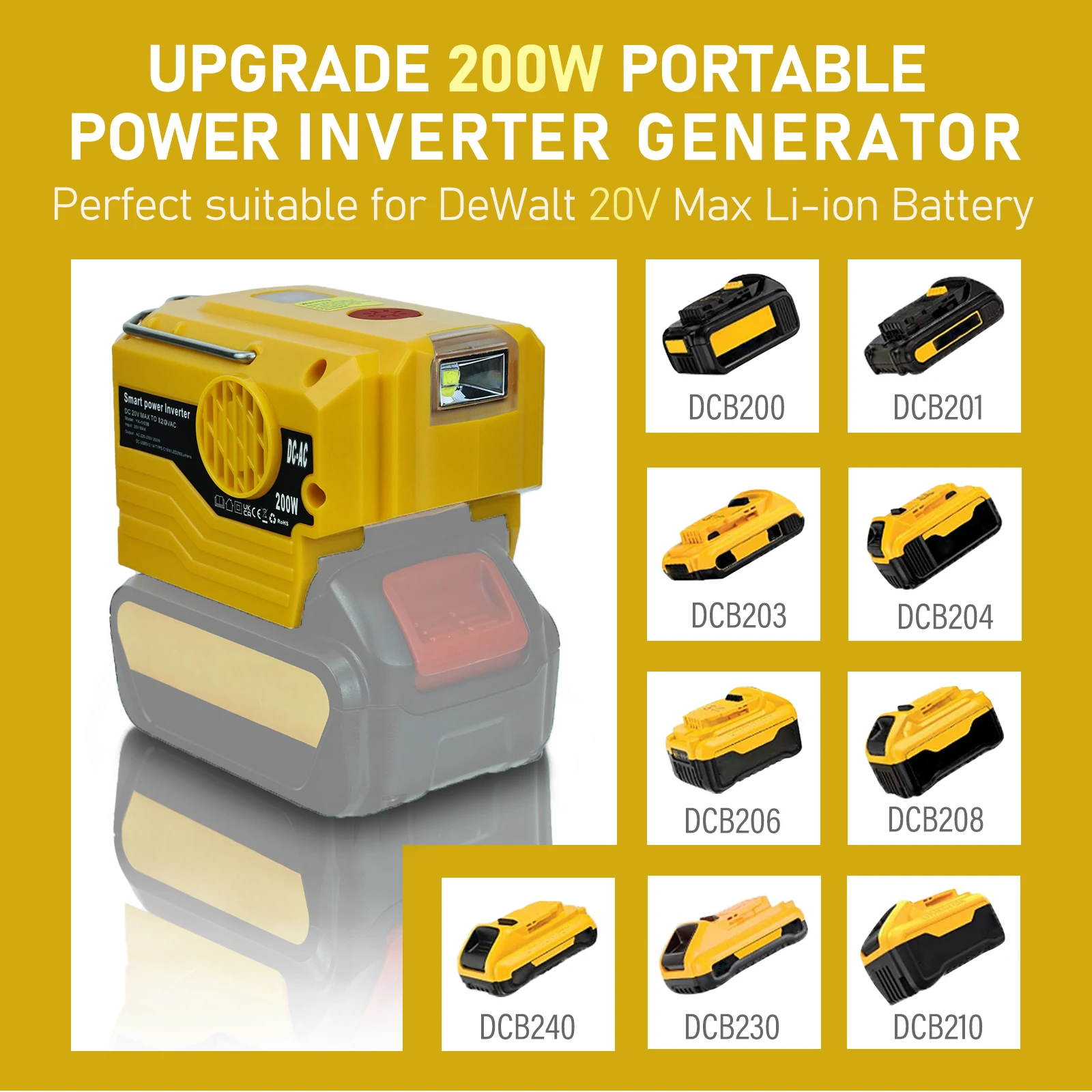 Inverter di potenza da 200W per batteria Dewalt da 20V a adattatore di alimentazione a onda sinusoidale modificata AC 120V/220V con luce di lavoro a