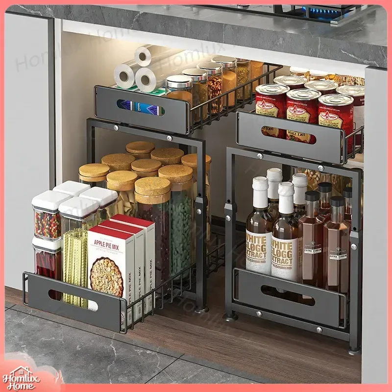 Multifunctional Under Sink Storage Rack for Kitchen Bottles Cans Seasonings Snacks Organizers Pull Out Shelf Adjustable