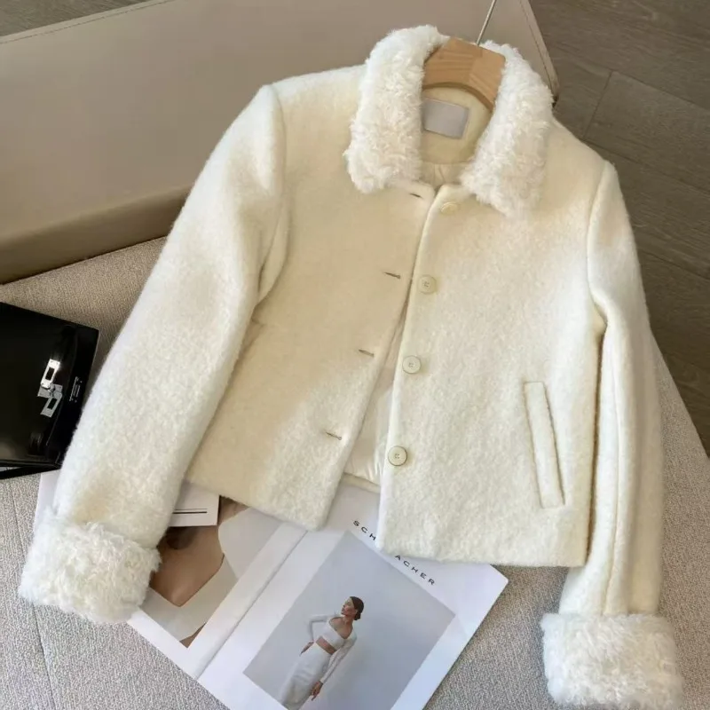 Women Winter Tweed Jacket Fleece Splicing Padded Liner Lapel Cropped Outerwear For Petite