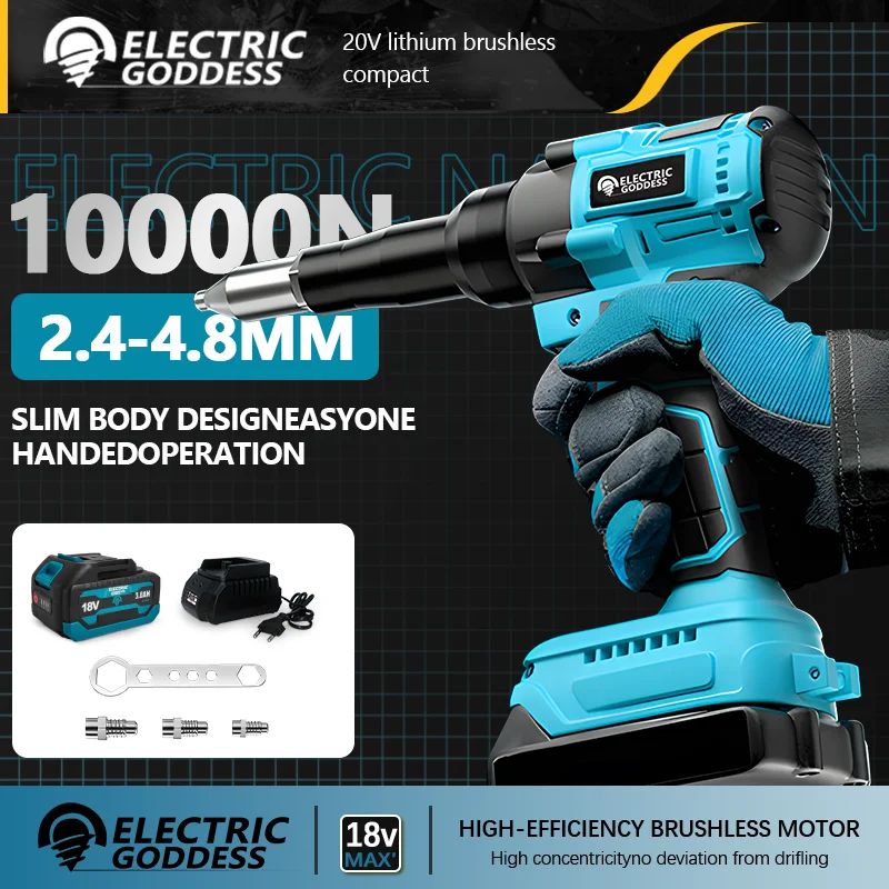 

Electric Goddess 20000N Brushless Electric Rivet Gun 2.4-5.0mm Cordless Rivet Nut Gun Drill Insert Automatic Riveting Tool DIY