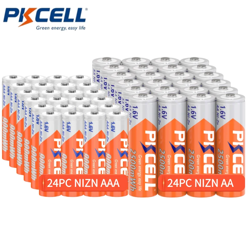 24Pcs 2500mWh 1.6V AA Rechargeable Batteries+24Pcs 900mWh AAA Battery NI-ZN AA AAA 1.6v NiZn Rechargeable Batteries For Toys