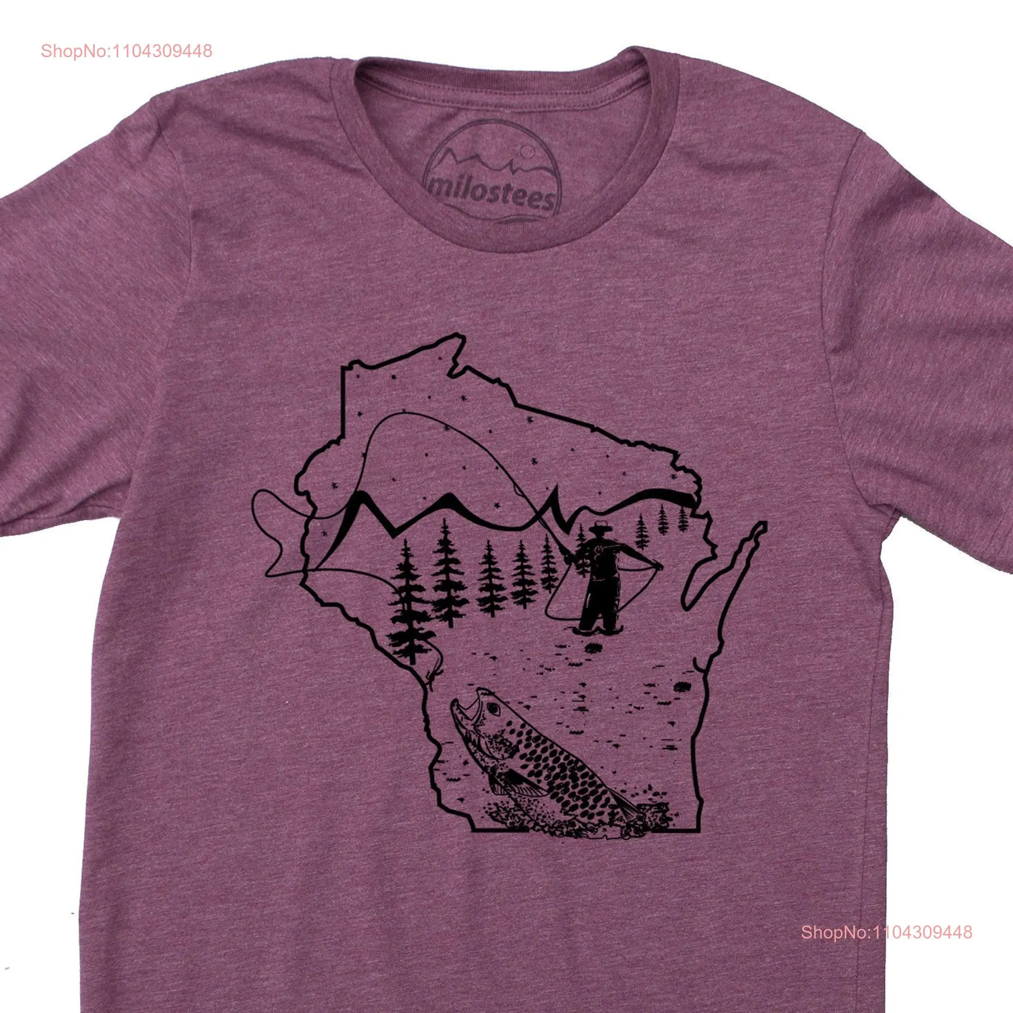 Wisconsin T shirt fly fishing apparel in plum with graphic screen print of a fisherman the Bois Brule river clothing